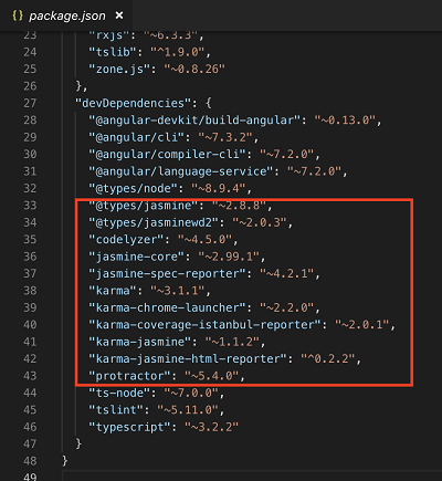 karma and jasmine settings in package.json